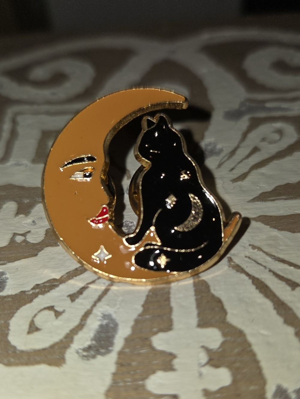 Black Cat on Gold Moon Enamel Pin - Pets Cat Accessory
